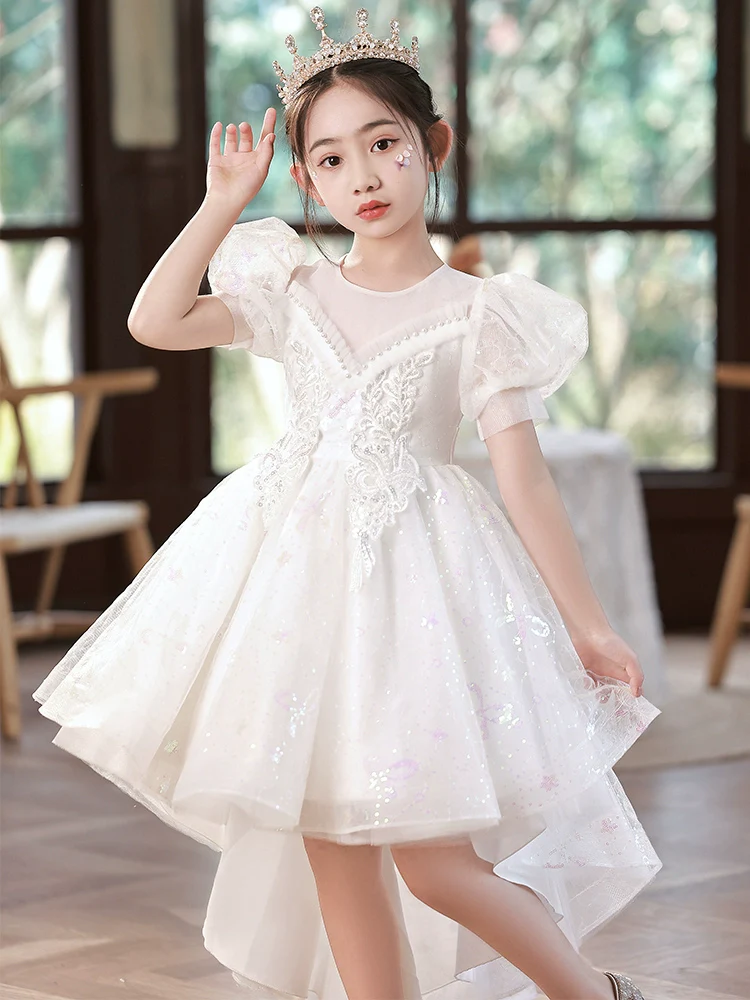 Children's Trailing Evening Dress Flower Girl Princess Dress Girls Host Wedding Dress Tulle Tutu Girls Costume for Piano Performance Summer - Image 3