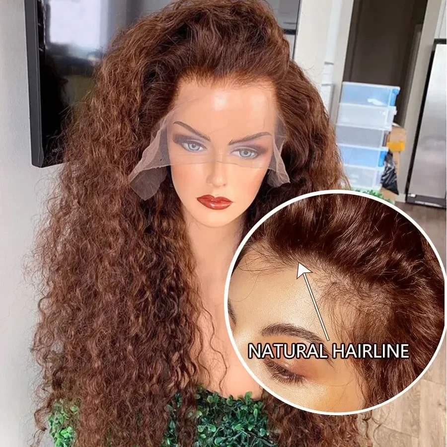 Chocolate Brown Kinky Curly Lace Frontal Human Hair Wig Transparent Lace Front Wig PrePlucked Colored Human Hair Wig On sale - Image 3