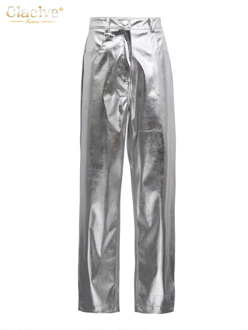 Clacive Fashion Slim Sliver Women'S Pants 2022 Bodycon High Waist Straight Trousers Streetwear Vintage Reflective Female Clothes - Image 5