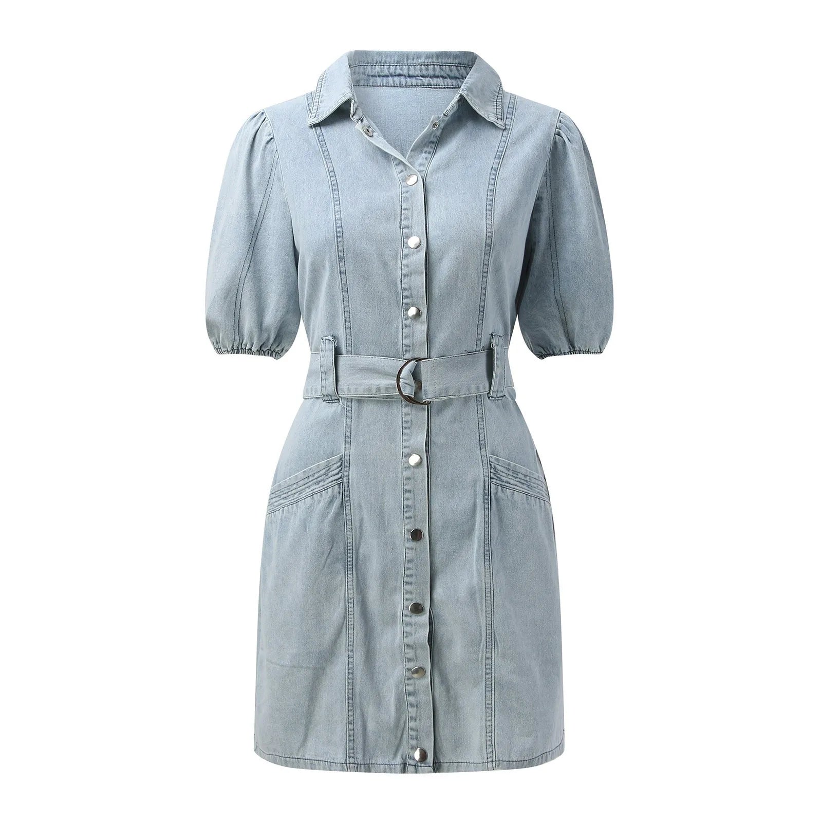 Classic Blue Turndown Collar Dresses Woman Party Night Short Sleeve Denim Dress Retro Elegant Single Breasted Dress Vestidos - Image 3
