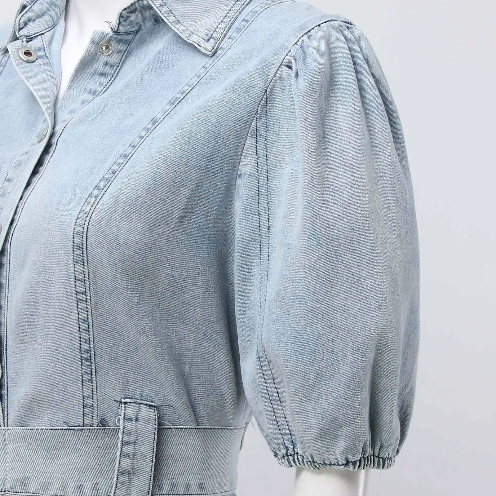Classic Blue Turndown Collar Dresses Woman Party Night Short Sleeve Denim Dress Retro Elegant Single Breasted Dress Vestidos - Image 5