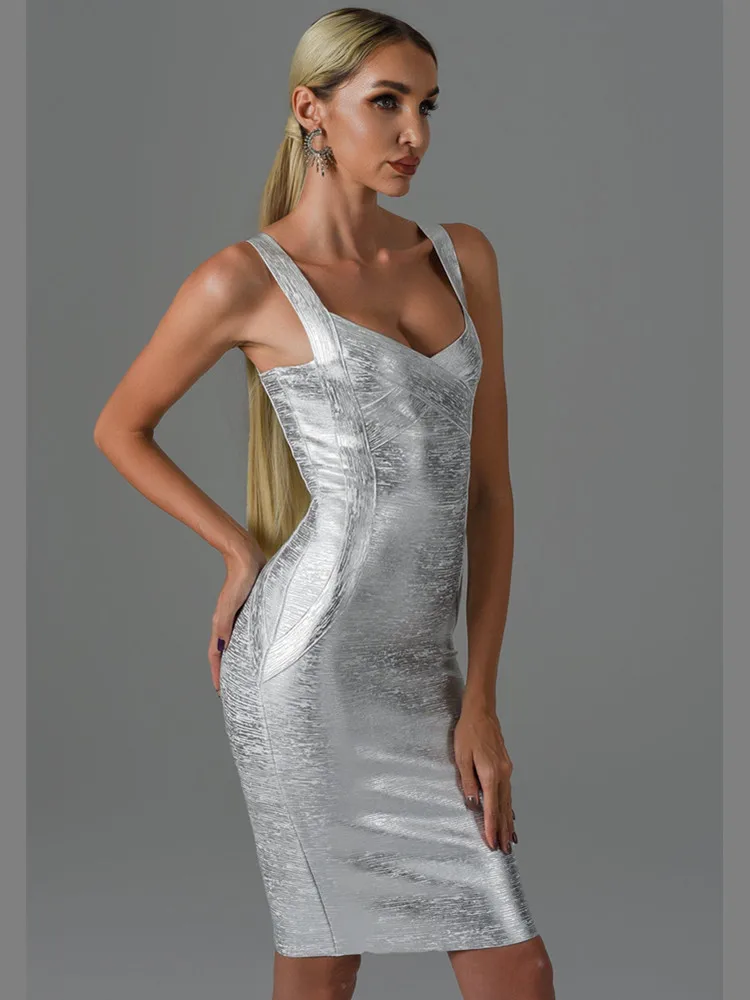 Classic Bronzing Bandage Dress Sexy Sleeveless Square Collar Bodycon Mini Elastic High Street Evening Club Party Dresses - Image 5