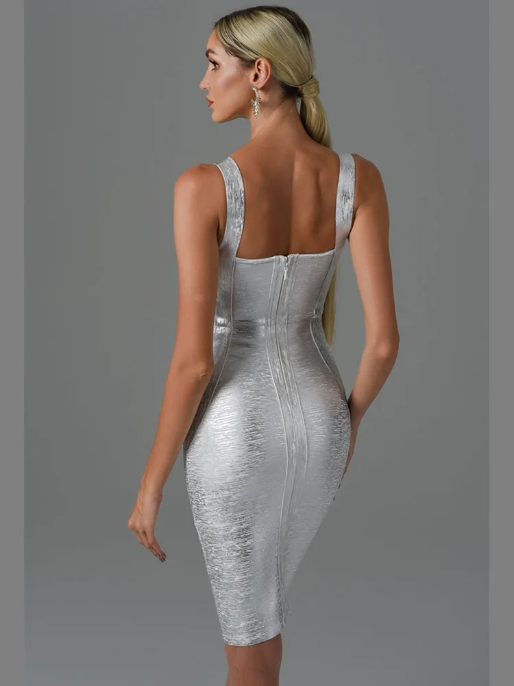 Classic Bronzing Bandage Dress Sexy Sleeveless Square Collar Bodycon Mini Elastic High Street Evening Club Party Dresses - Image 6
