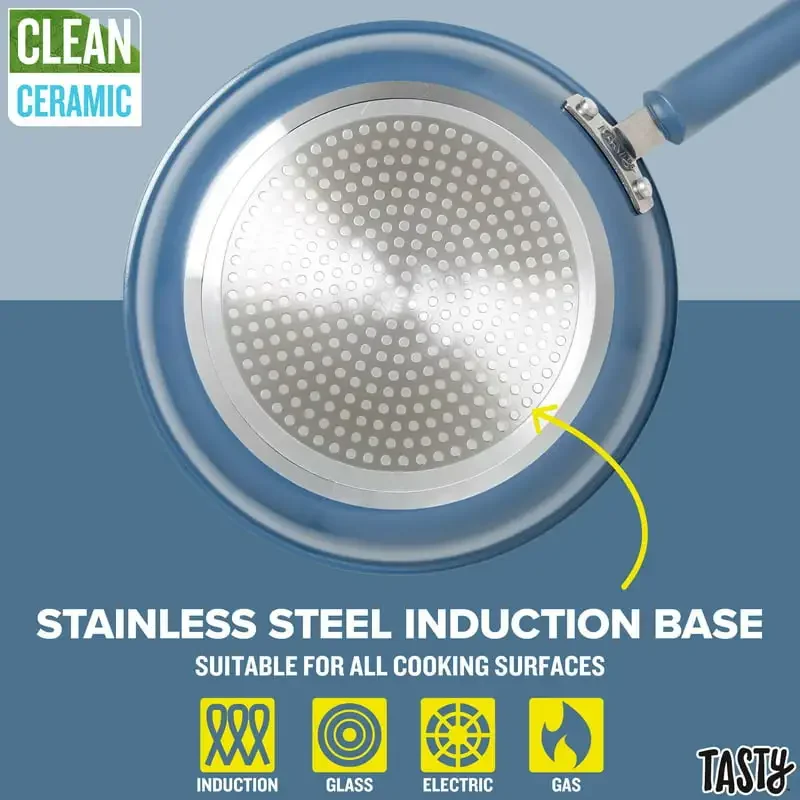 Clean Ceramic 16 Piece Non-Stick Aluminum Cookware Set, Slate Blue - Image 5