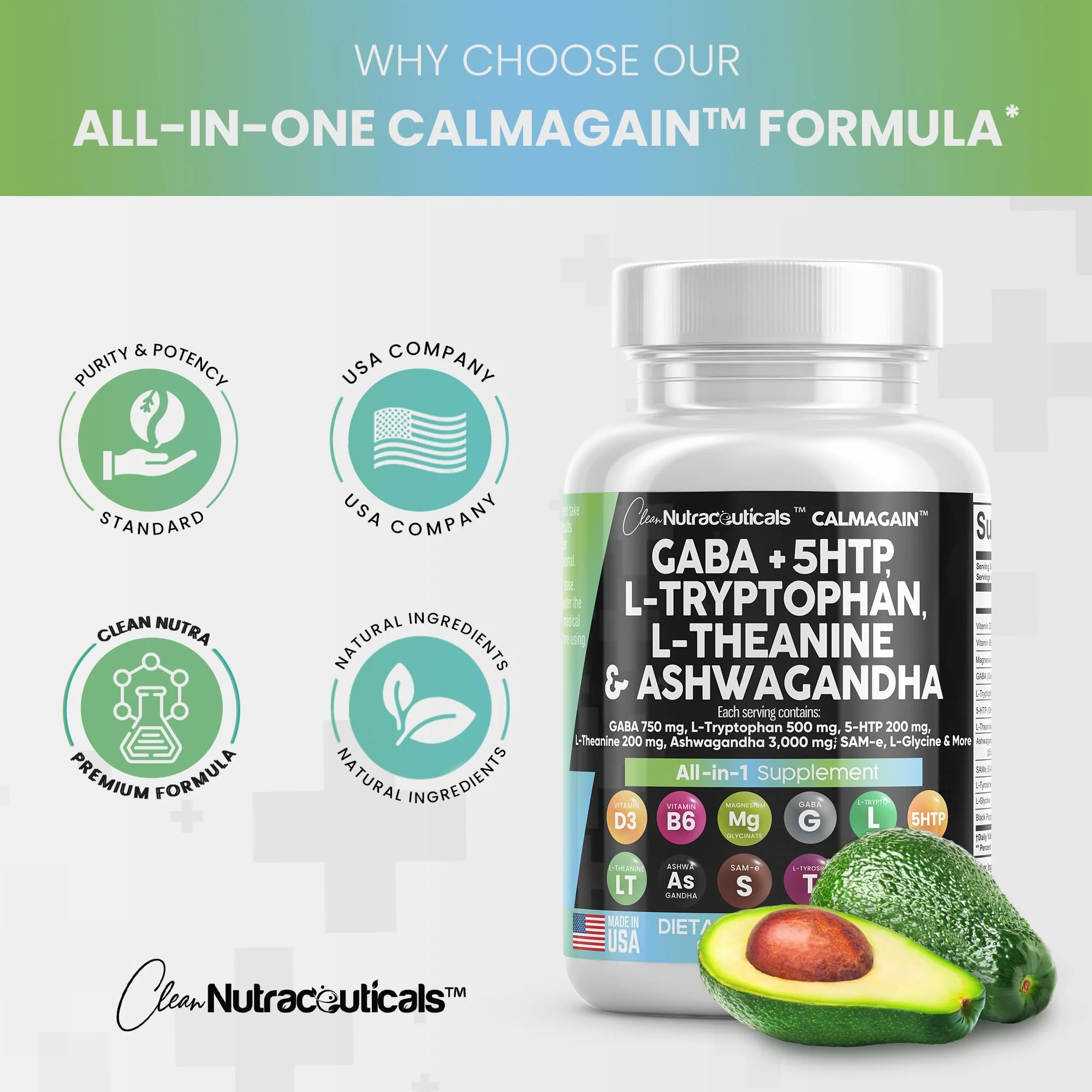 Clean Nutraceuticals GABA 750mg 5 HTP 200mg L Tryptophan 500mg L Theanine 200mg Ashwagandha 3000mg SAM-e L-Glycine - Mood Support Vitamins for Women and Men with L-Tyrosine - Made in USA 60 Caps - Image 3