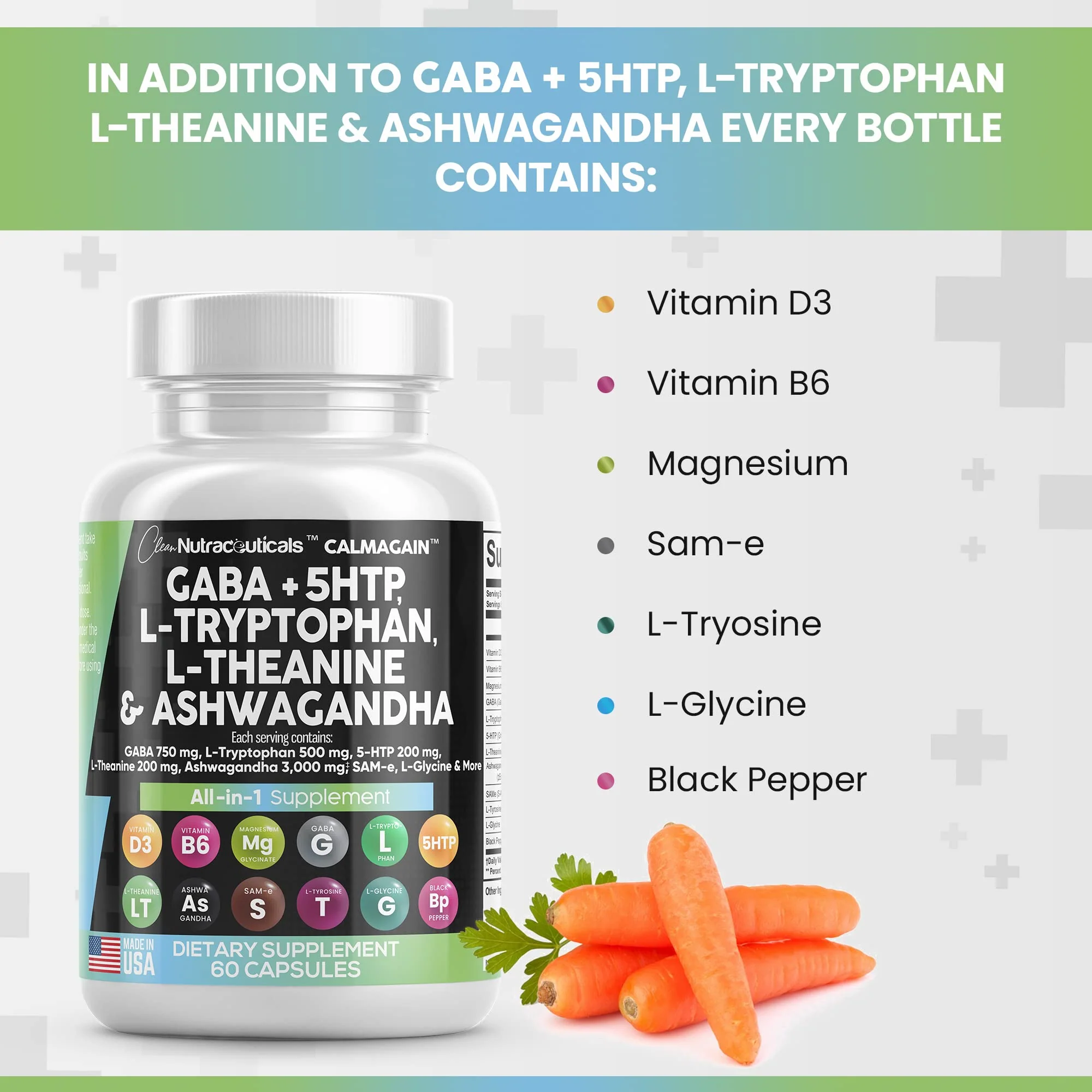 Clean Nutraceuticals GABA 750mg 5 HTP 200mg L Tryptophan 500mg L Theanine 200mg Ashwagandha 3000mg SAM-e L-Glycine - Mood Support Vitamins for Women and Men with L-Tyrosine - Made in USA 60 Caps - Image 4