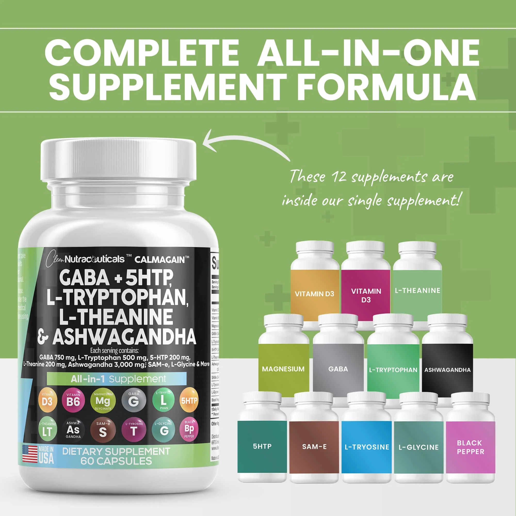 Clean Nutraceuticals GABA 750mg 5 HTP 200mg L Tryptophan 500mg L Theanine 200mg Ashwagandha 3000mg SAM-e L-Glycine - Mood Support Vitamins for Women and Men with L-Tyrosine - Made in USA 60 Caps - Image 5