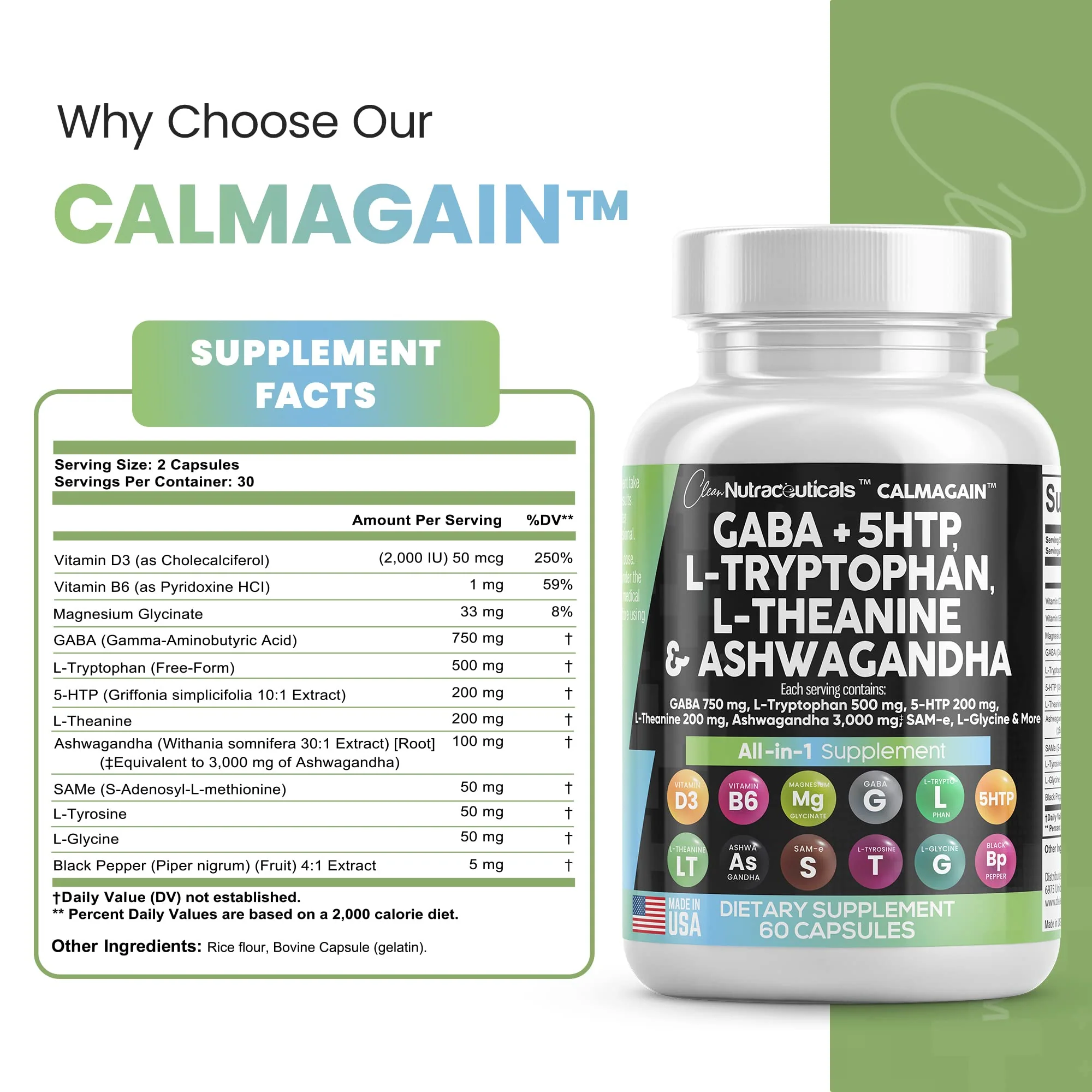 Clean Nutraceuticals GABA 750mg 5 HTP 200mg L Tryptophan 500mg L Theanine 200mg Ashwagandha 3000mg SAM-e L-Glycine - Mood Support Vitamins for Women and Men with L-Tyrosine - Made in USA 60 Caps - Image 6