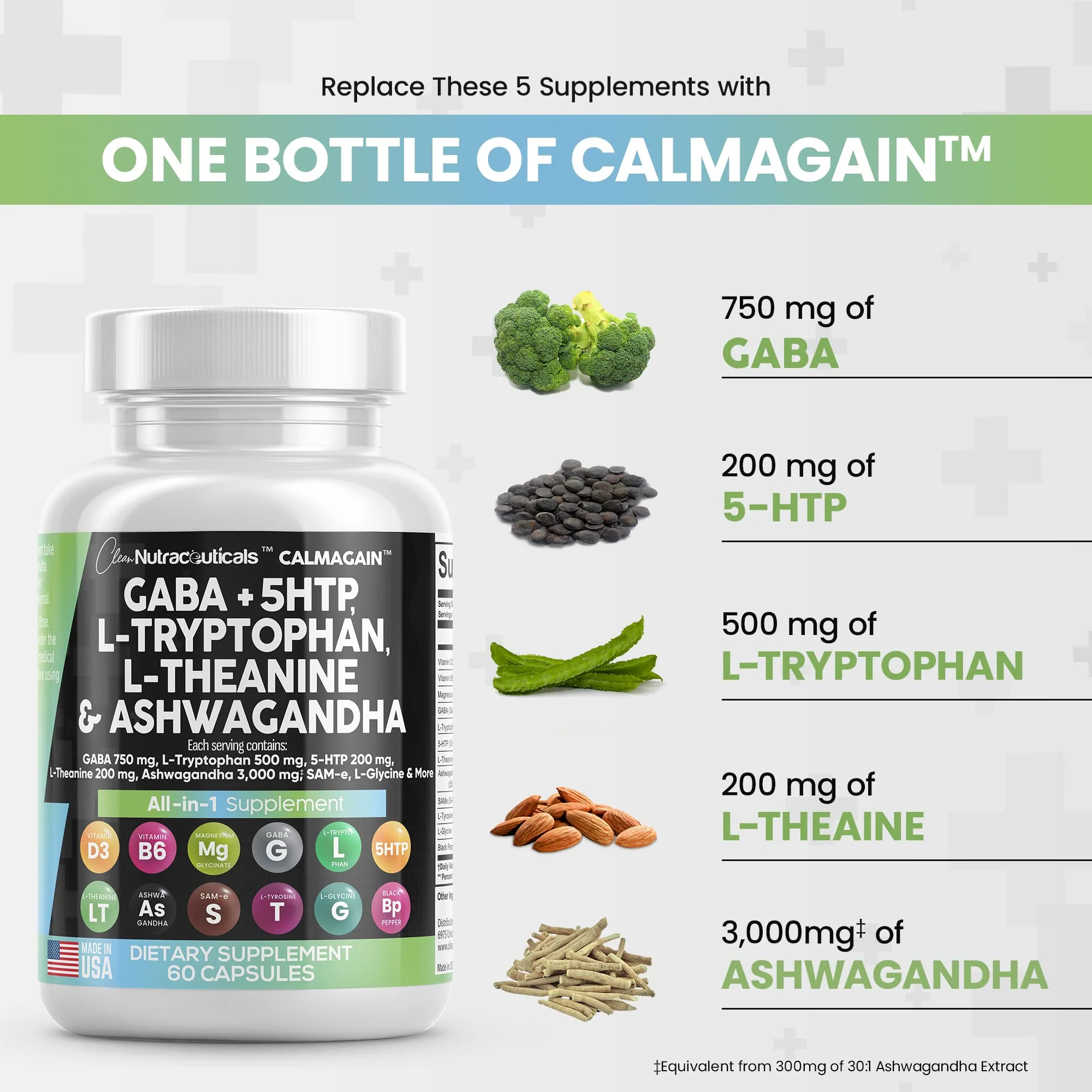 Clean Nutraceuticals GABA 750mg 5 HTP 200mg L Tryptophan 500mg L Theanine 200mg Ashwagandha 3000mg SAM-e L-Glycine - Mood Support Vitamins for Women and Men with L-Tyrosine - Made in USA 60 Caps - Image 7