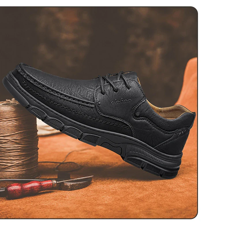 CLOHOO Men's Handmade Thick Rubber Bottom Breathable Casual Leather Shoes Classic Sewn Loafers Comfortable Leisure Footwear - Image 10