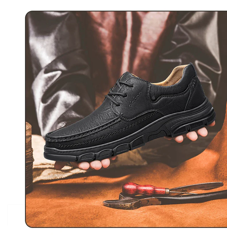 CLOHOO Men's Handmade Thick Rubber Bottom Breathable Casual Leather Shoes Classic Sewn Loafers Comfortable Leisure Footwear - Image 12