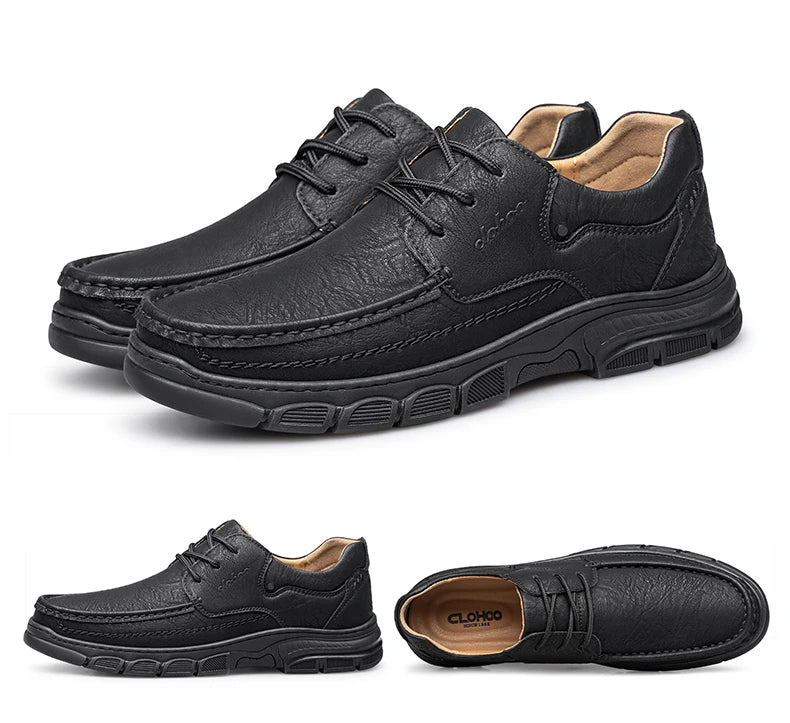 CLOHOO Men's Handmade Thick Rubber Bottom Breathable Casual Leather Shoes Classic Sewn Loafers Comfortable Leisure Footwear - Image 13