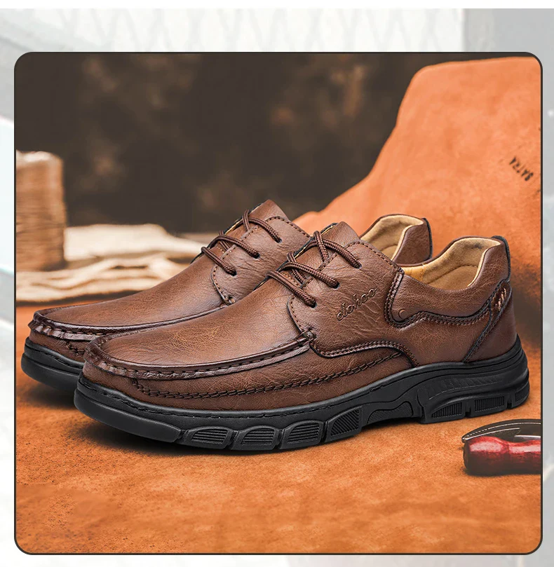 CLOHOO Men's Handmade Thick Rubber Bottom Breathable Casual Leather Shoes Classic Sewn Loafers Comfortable Leisure Footwear - Image 14