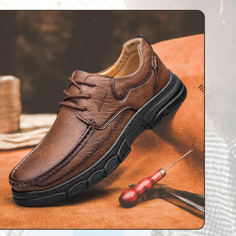 CLOHOO Men's Handmade Thick Rubber Bottom Breathable Casual Leather Shoes Classic Sewn Loafers Comfortable Leisure Footwear - Image 15