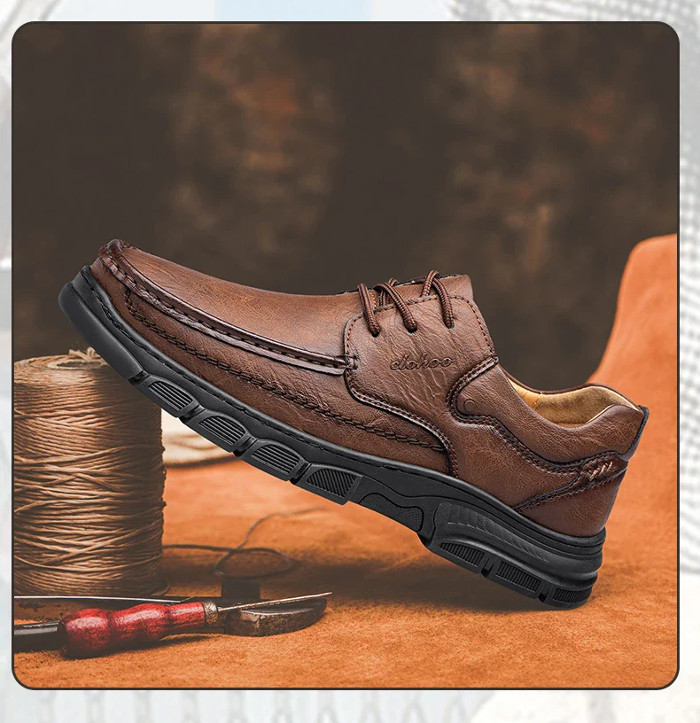 CLOHOO Men's Handmade Thick Rubber Bottom Breathable Casual Leather Shoes Classic Sewn Loafers Comfortable Leisure Footwear - Image 16