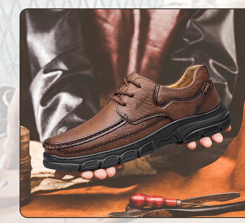 CLOHOO Men's Handmade Thick Rubber Bottom Breathable Casual Leather Shoes Classic Sewn Loafers Comfortable Leisure Footwear - Image 17