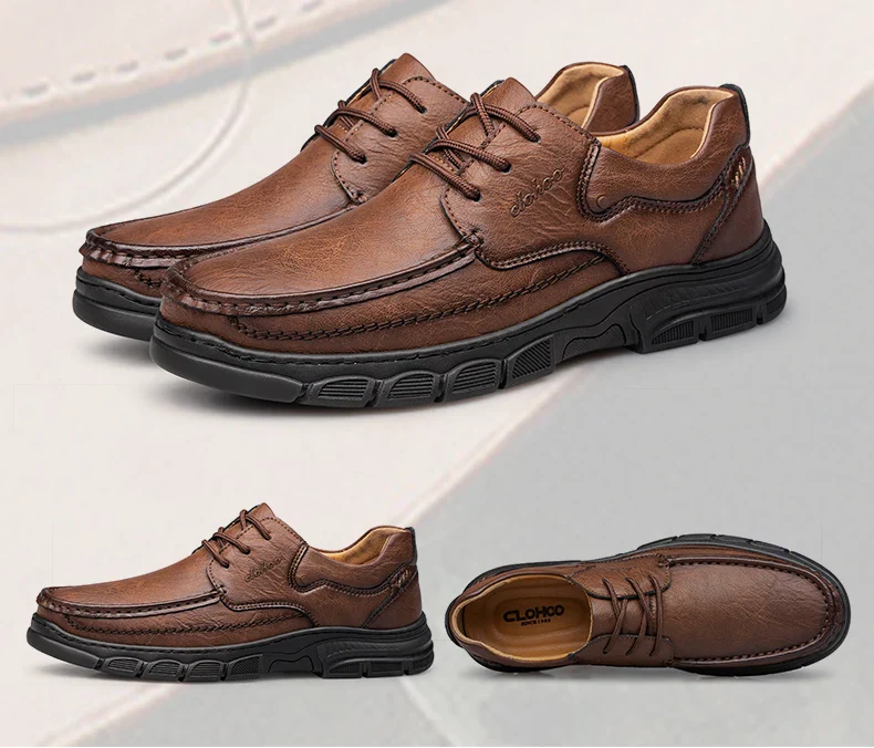 CLOHOO Men's Handmade Thick Rubber Bottom Breathable Casual Leather Shoes Classic Sewn Loafers Comfortable Leisure Footwear - Image 18