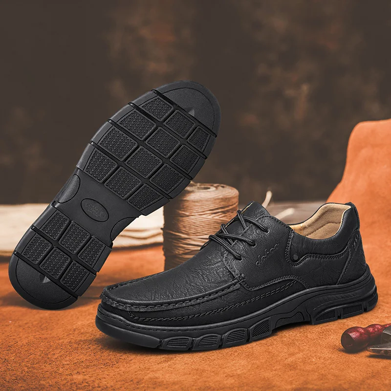 CLOHOO Men's Handmade Thick Rubber Bottom Breathable Casual Leather Shoes Classic Sewn Loafers Comfortable Leisure Footwear - Image 6