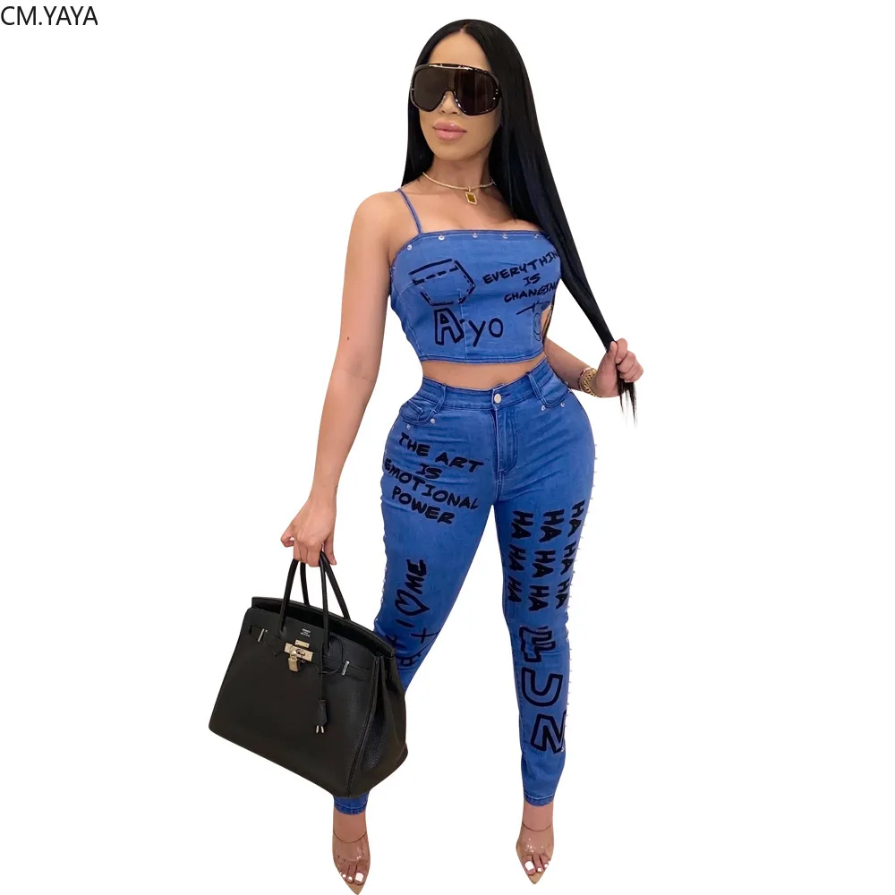 CM.YAYA Club Party Letter Print Fake Jean Women Set Two Piece Set Tracksuits Crop Top Jogger Sweatpants Suit Outfit Matching Set - Image 2