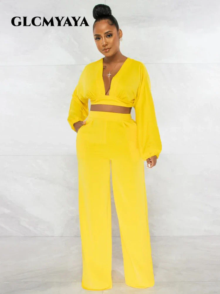 CM.YAYA Elegant Solid Straight Wide Leg Pants Suit for Women Long Sleeve Deep V-neck Blouse Shirt Fashion Two 2 Piece Set Outfit - Image 2