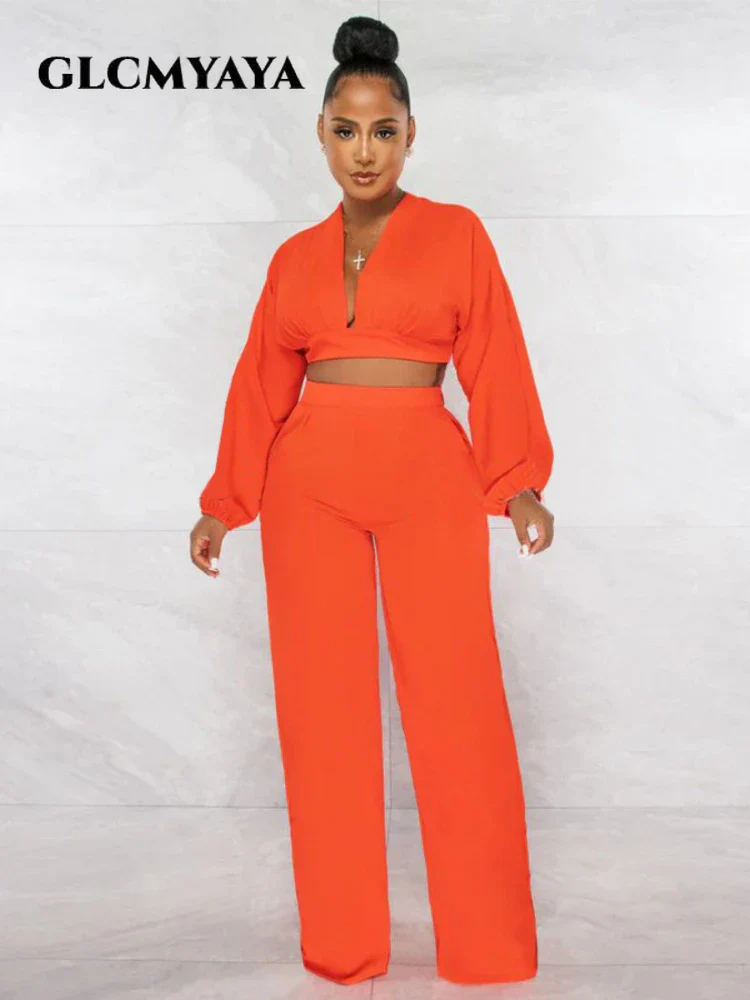 CM.YAYA Elegant Solid Straight Wide Leg Pants Suit for Women Long Sleeve Deep V-neck Blouse Shirt Fashion Two 2 Piece Set Outfit - Image 3