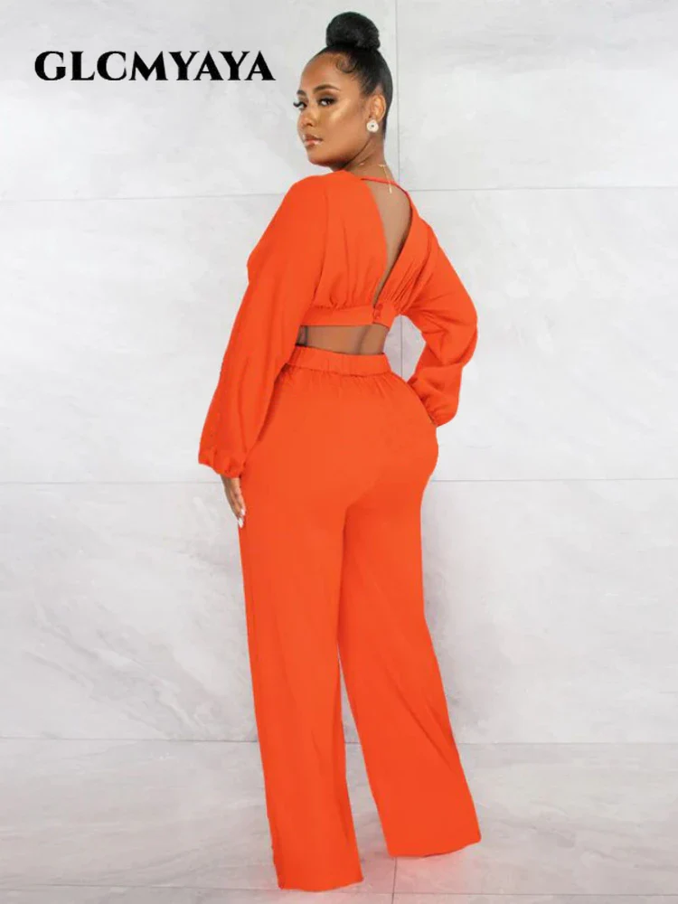 CM.YAYA Elegant Solid Straight Wide Leg Pants Suit for Women Long Sleeve Deep V-neck Blouse Shirt Fashion Two 2 Piece Set Outfit - Image 4