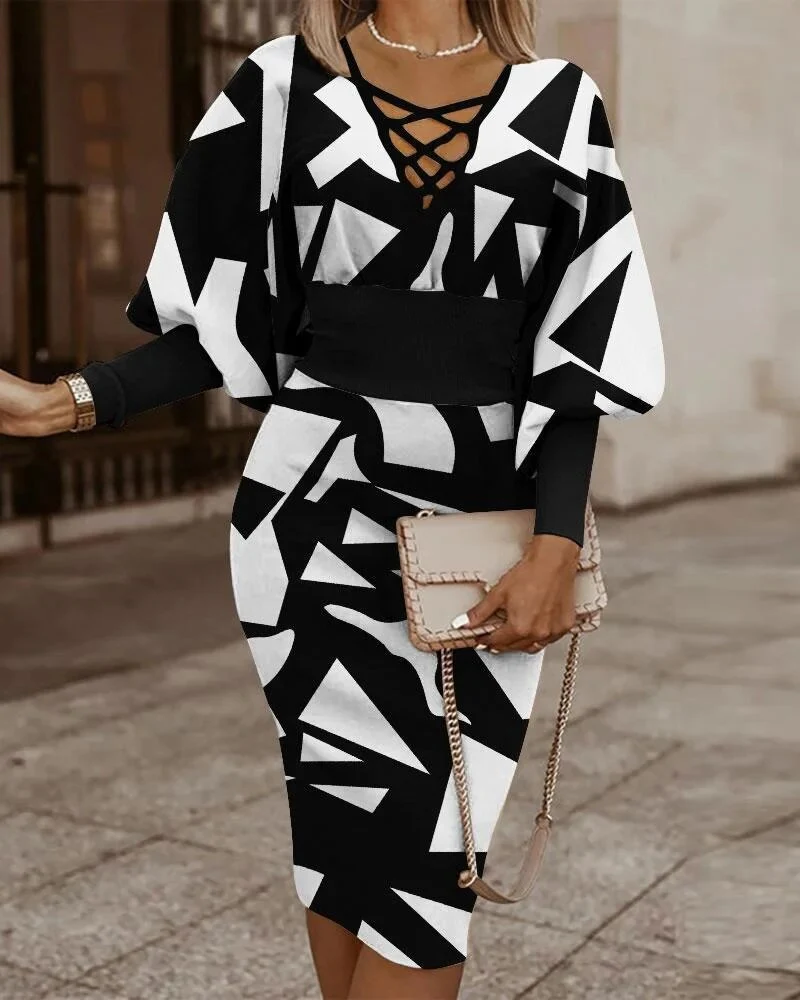 Elegent Women Plaid Lace Up V-neck Lantern Long Sleeve Bodycon Midi Dress Sexy Party Club Party Dresses Vestidos - Image 5