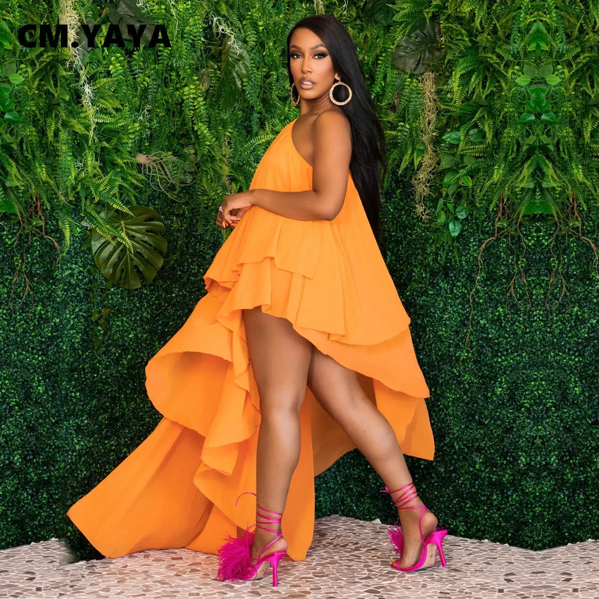 CM.YAYA Women One Shoulder Irregular Tierred Maxi Long Chiffon Dress 2023 Summer Female Vestidos Party Sexy Evening Dresses - Image 2