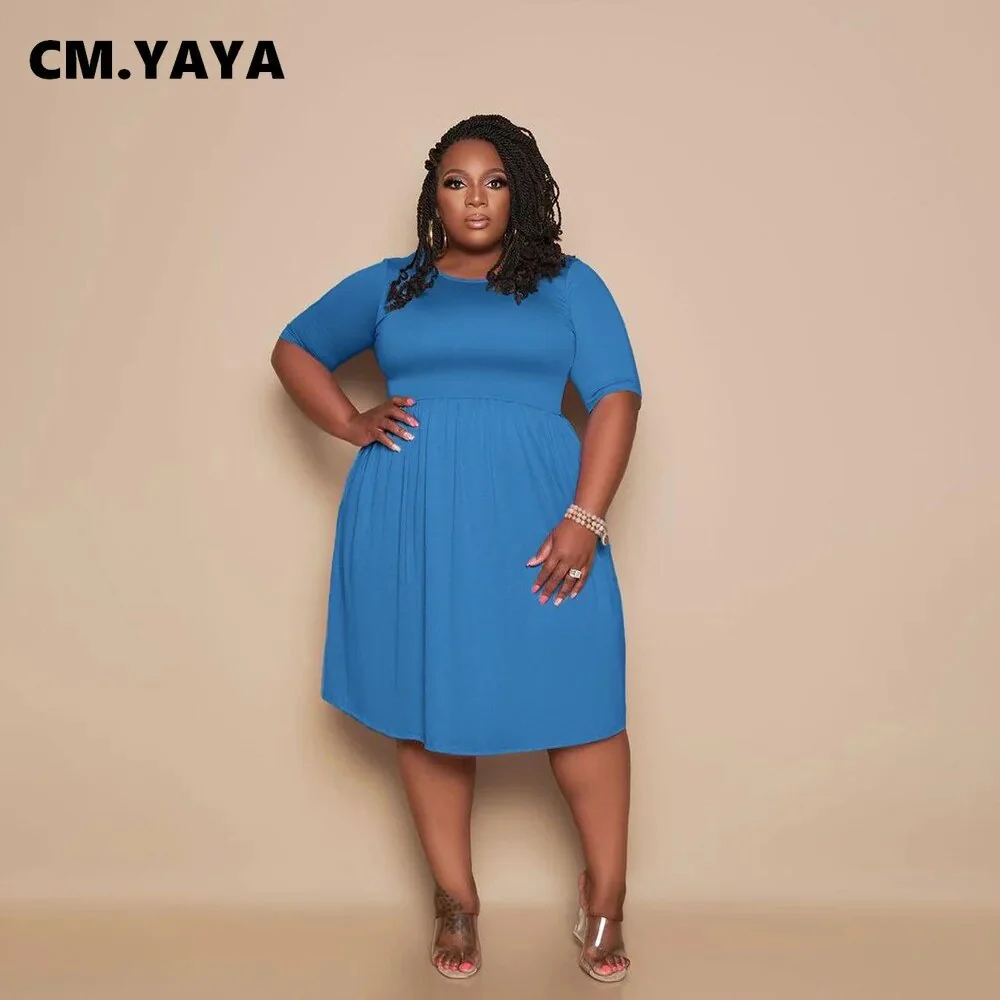 CM.YAYA Women Plus Size Dress Solid Short Sleeve O-neck Stretchy Loose Knee Length Dresses Casual Fashion Vestidos Summer 2021 - Image 2