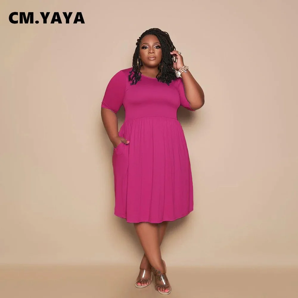 CM.YAYA Women Plus Size Dress Solid Short Sleeve O-neck Stretchy Loose Knee Length Dresses Casual Fashion Vestidos Summer 2021 - Image 3