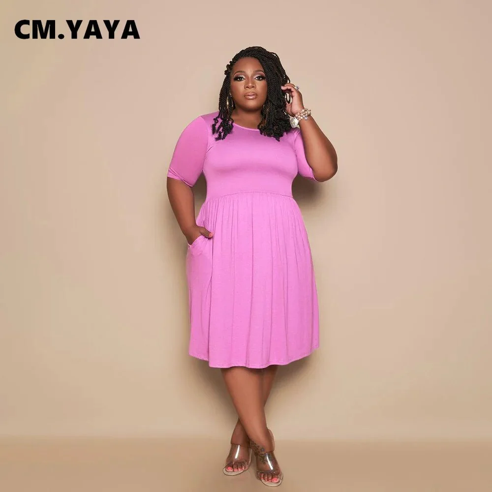 CM.YAYA Women Plus Size Dress Solid Short Sleeve O-neck Stretchy Loose Knee Length Dresses Casual Fashion Vestidos Summer 2021 - Image 4