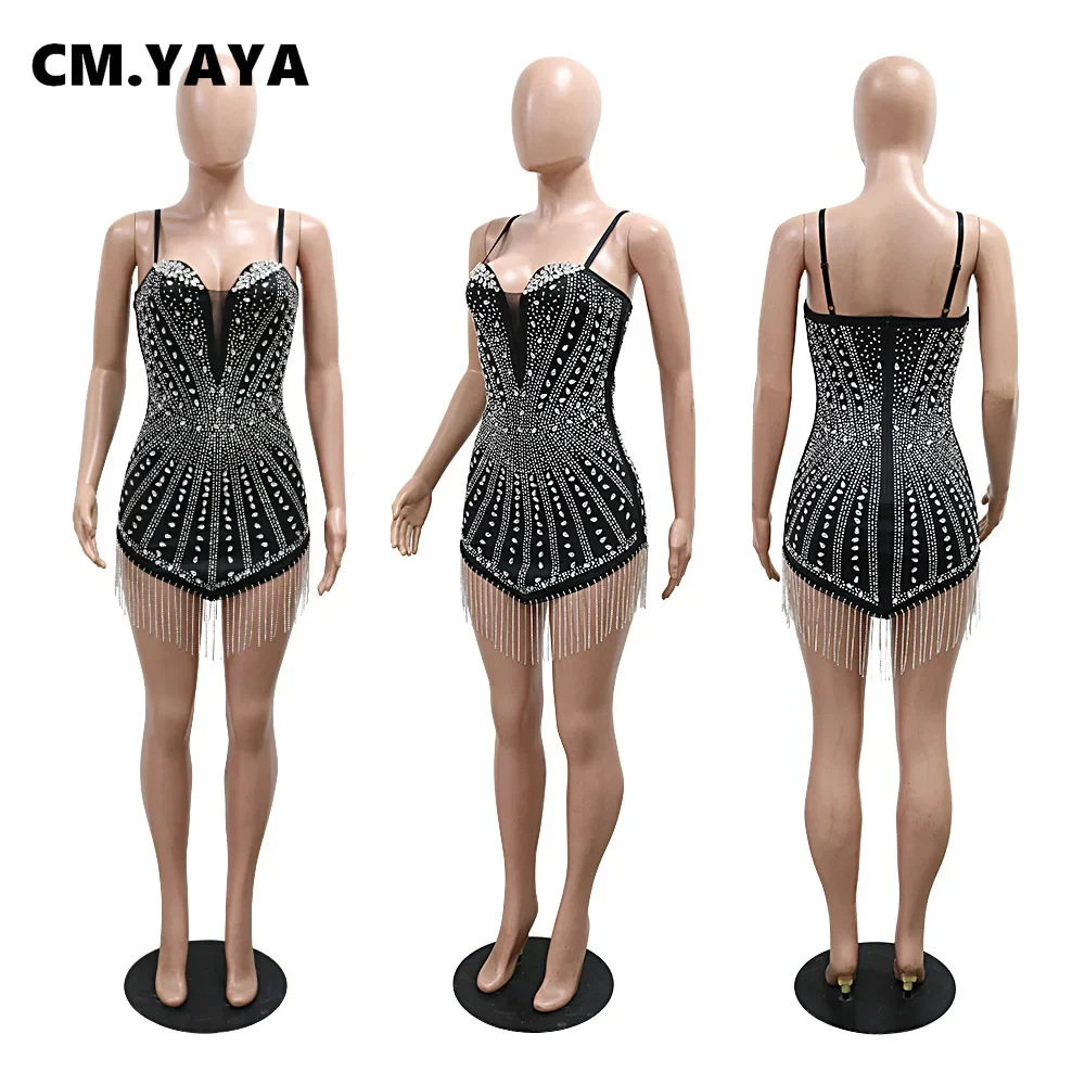 CM.YAYA Women Sleeveless Diamonds Hot Rhinestones Tassel Mini Dress Strapless Sexy Evening Night Club Party Dresses Vestidos - Image 5