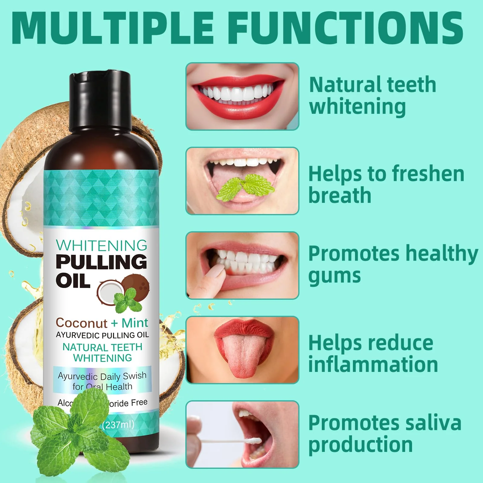Coconut Mint Pulling Oil Mouthwash, Natural Teeth Whitening, Ayurvedic Daily Swish for Oral Health, Tongue Scraper Included, Alcohol & Fluoride Free, Healthy Gums, Good Breath, 237ml - Image 5