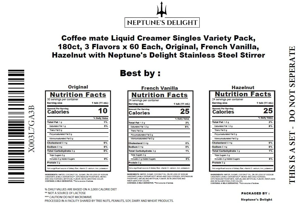 Coffee mate Liquid Creamer Singles Variety Pack, 180ct, 3 Flavors x 60 Each, Original, French Vanilla, Hazelnut with Neptune's Delight Stainless Steel Stirrer - Image 3