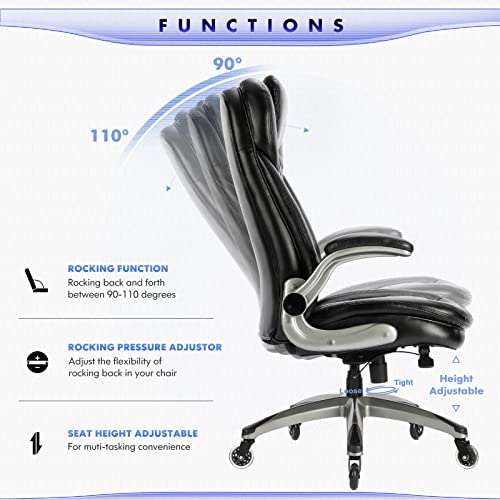 COLAMY Office Chair-Ergonomic Computer Desk Chair with Thick Seat for Comfort, High Back Executive Chair with Padded Flip-up Arms, Stylish Leather Chair with Upgraded Caster for Swivel (Black, 300lbs) - Image 2