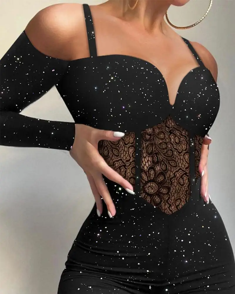 Cold Shoulder Contrast Lace Corset Jumpsuit Women High Waist Fashion Spring Summer Ankle Length Jumpsuits Overall Pants - Image 9