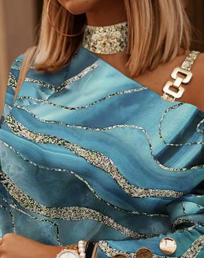 Cold Shoulder Top for Women Marble Print Metal Decor Daily Long Sleeve Tee Casual Women's T-Shirt - Image 10