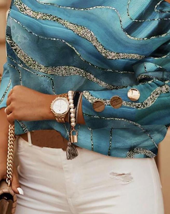 Cold Shoulder Top for Women Marble Print Metal Decor Daily Long Sleeve Tee Casual Women's T-Shirt - Image 11