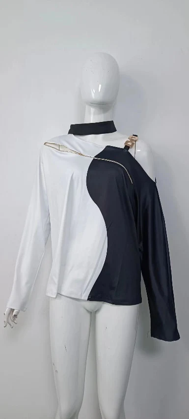 Cold Shoulder Top for Women Marble Print Metal Decor Daily Long Sleeve Tee Casual Women's T-Shirt - Image 12