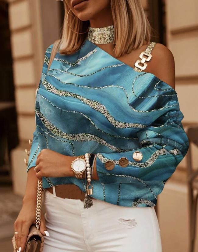 Cold Shoulder Top for Women Marble Print Metal Decor Daily Long Sleeve Tee Casual Women's T-Shirt - Image 6