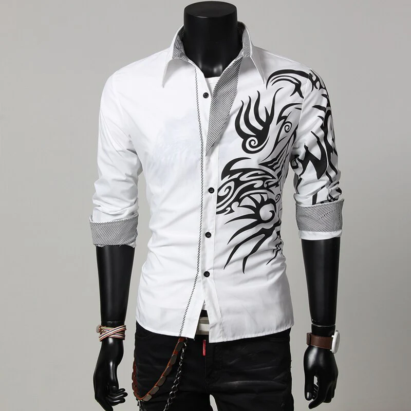 COLDKER Fashion Casual Chinese Style Dragon Print Long-sleeves Shirt Men's Social Business Slim-fit Lapel Shirt Male Tops - Image 2