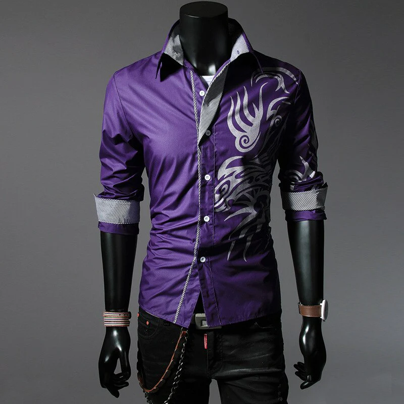 COLDKER Fashion Casual Chinese Style Dragon Print Long-sleeves Shirt Men's Social Business Slim-fit Lapel Shirt Male Tops - Image 3