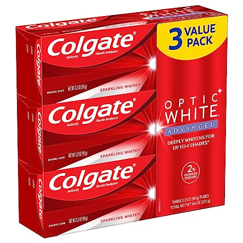 Colgate Optic White Advanced Teeth Whitening Toothpaste, 2% Hydrogen Peroxide Toothpaste, Sparkling White, 3.2 Oz, 3 Pack - Image 2