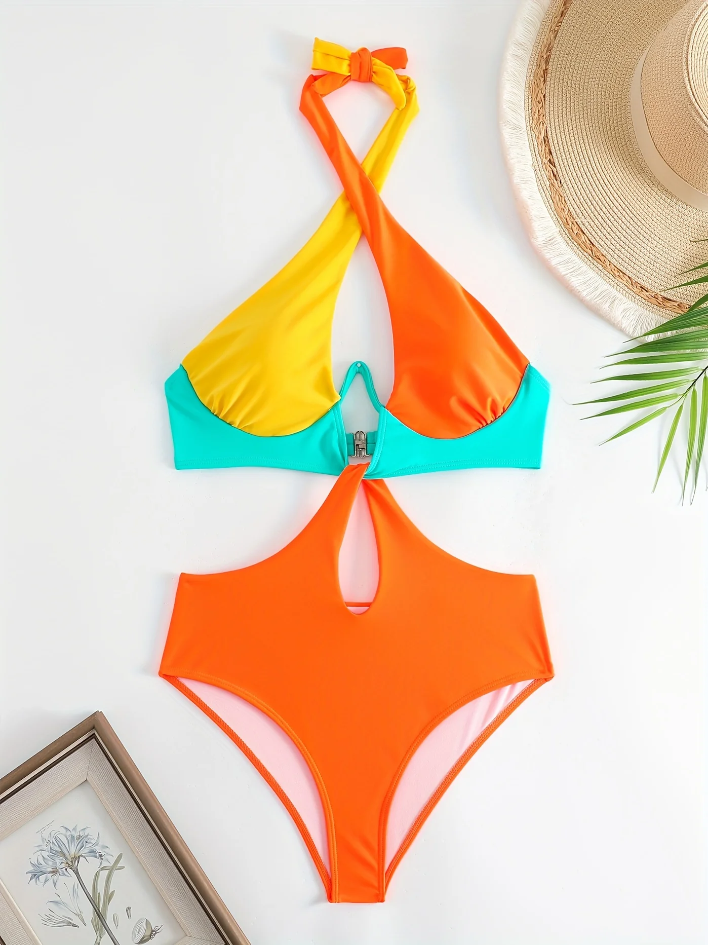 Colorblock Halter Neck One Piece Swimsuit, Cut Out Backless High Cut Bathing Suit, Women's Swimwear & Clothing - Image 3