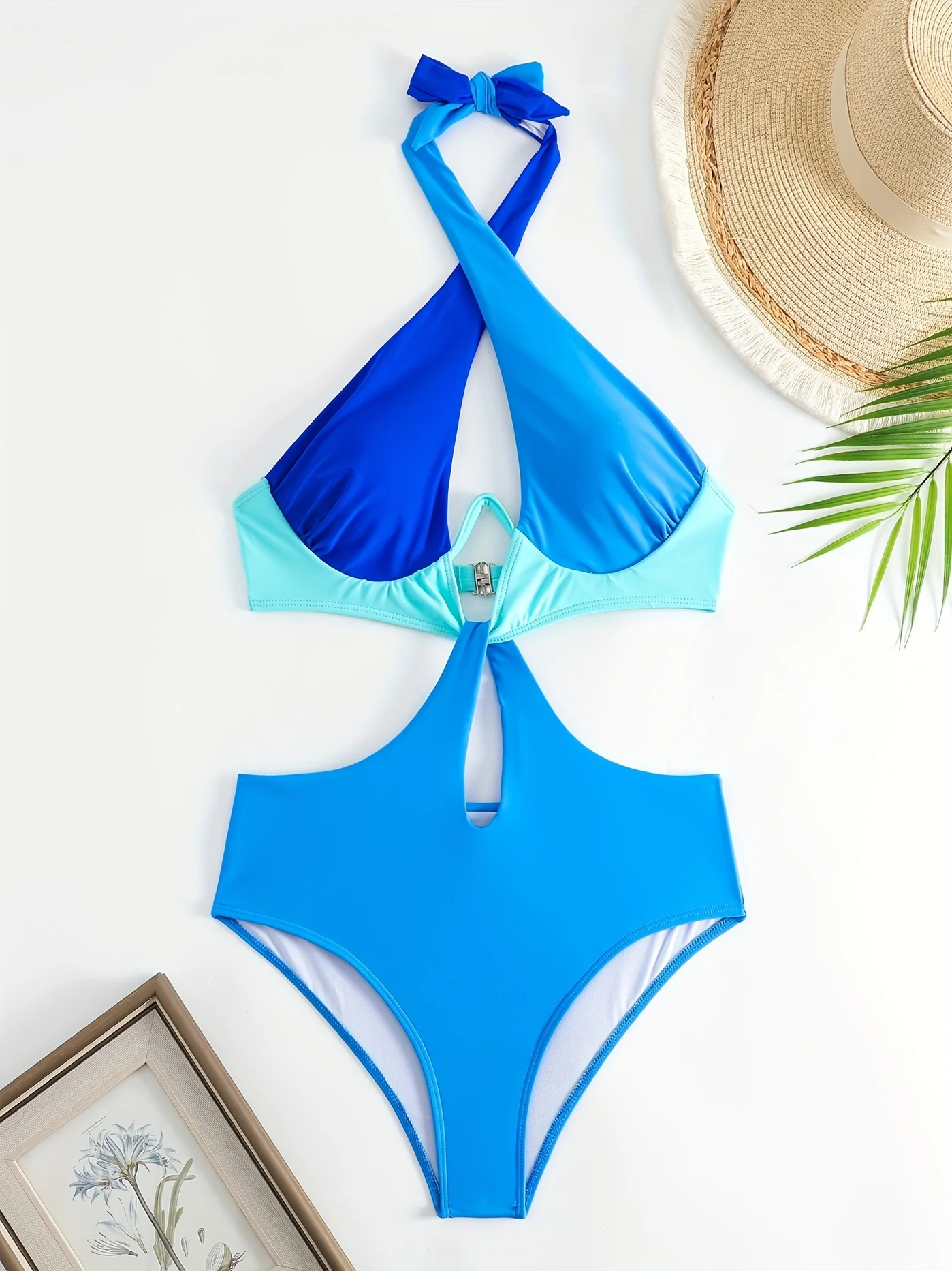 Colorblock Halter Neck One Piece Swimsuit, Cut Out Backless High Cut Bathing Suit, Women's Swimwear & Clothing - Image 4