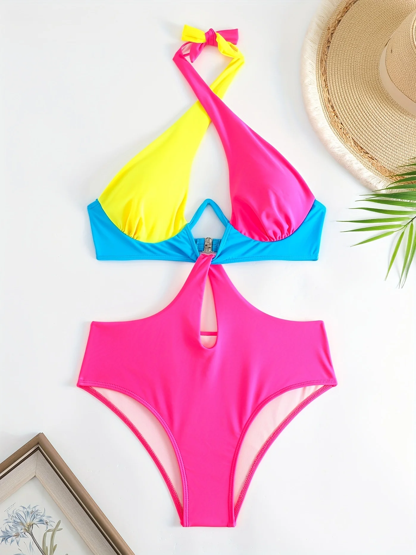 Colorblock Halter Neck One Piece Swimsuit, Cut Out Backless High Cut Bathing Suit, Women's Swimwear & Clothing - Image 5