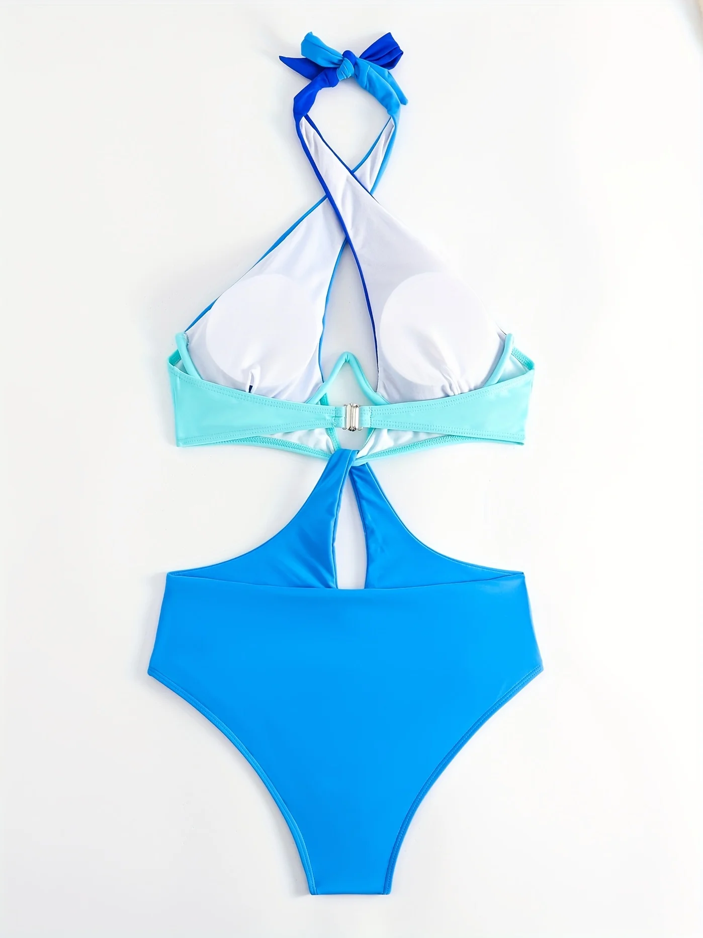 Colorblock Halter Neck One Piece Swimsuit, Cut Out Backless High Cut Bathing Suit, Women's Swimwear & Clothing - Image 9