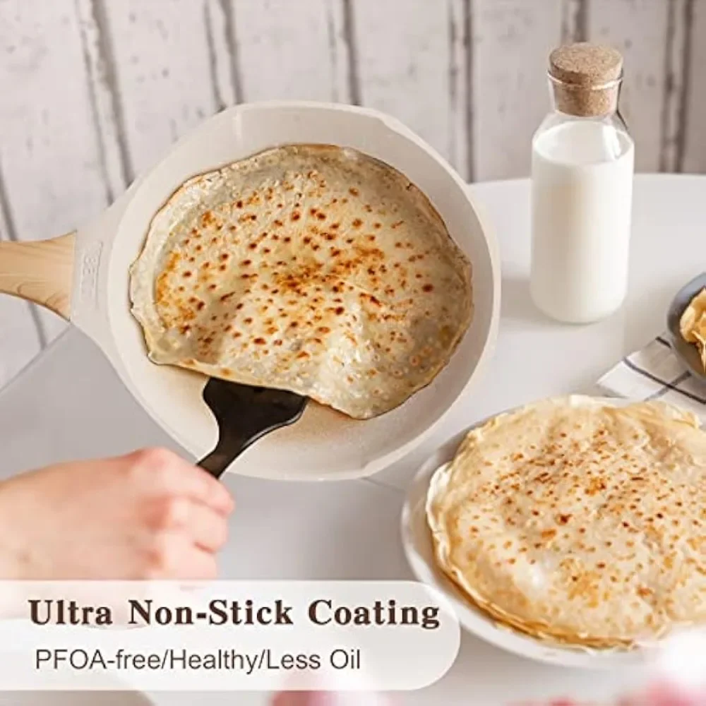 Cooking Omelette Non-Stick Cookware Set, Healthy Kitchen Skillet Non Sticking Stone Pot and Pan Set (8", 9.5" & 11") Beige - Image 2