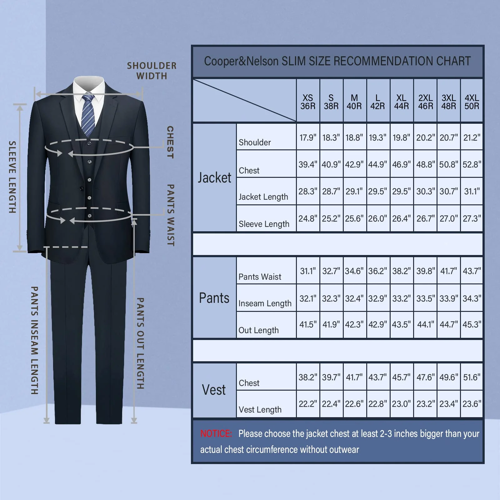 Cooper & Nelson Men's Suit Slim Fit, 3 Piece Suits for Men, One Button Solid Jacket Vest Pants with Tie, Tuxedo Set Dark Navy XS - Image 2