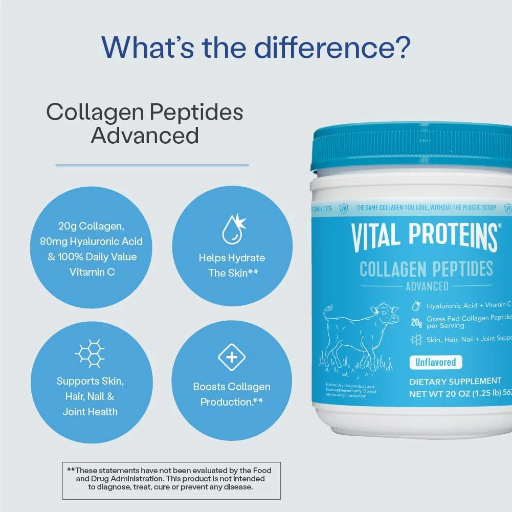 Vital Proteins Collagen Peptides Powder with Hyaluronic Acid and Vitamin C, Unflavored, 24 oz - Image 3